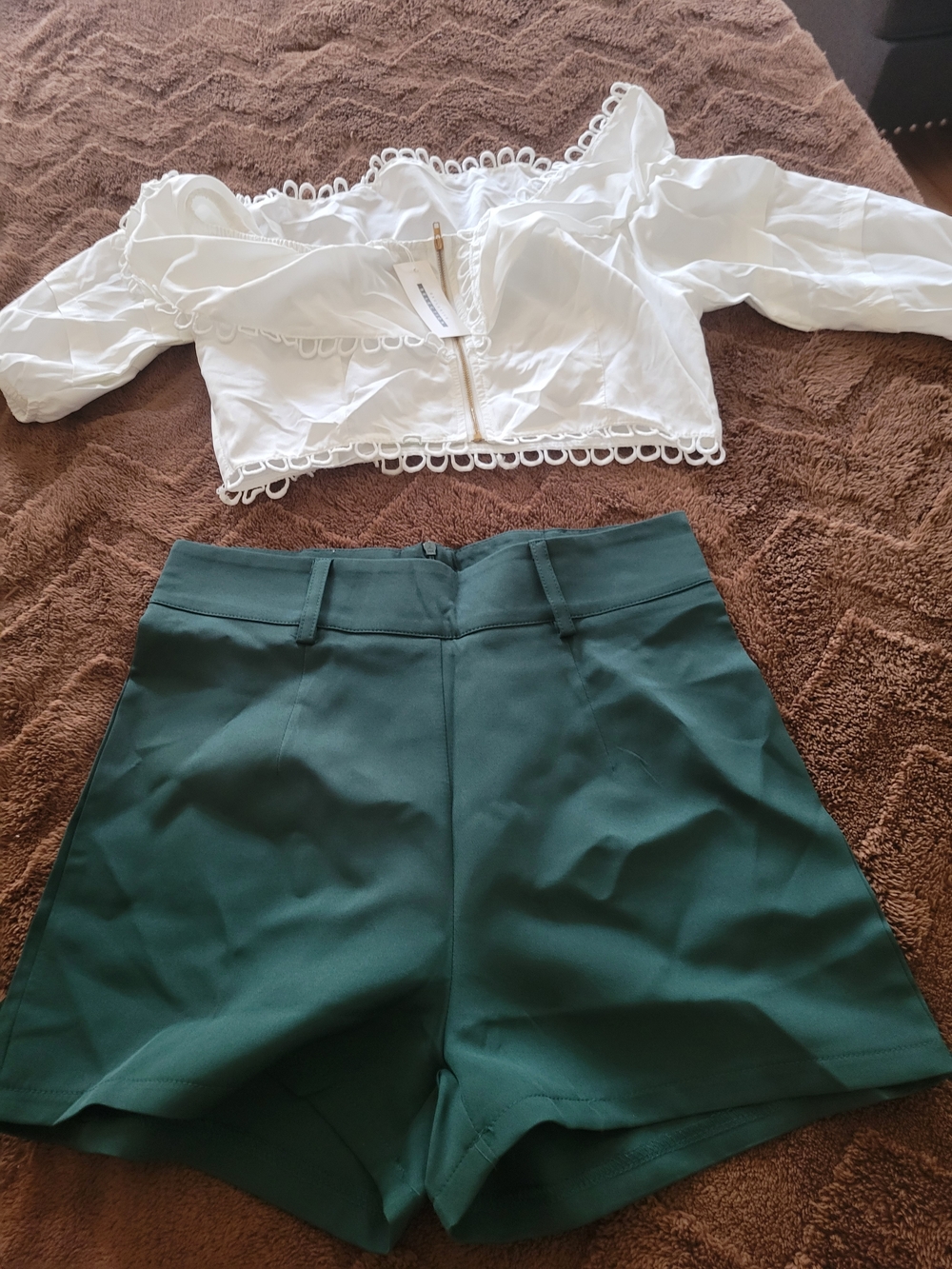 SHEIN White Lace Trim Off-Shoulder Crop Top with Dark Green High-Waist Shorts